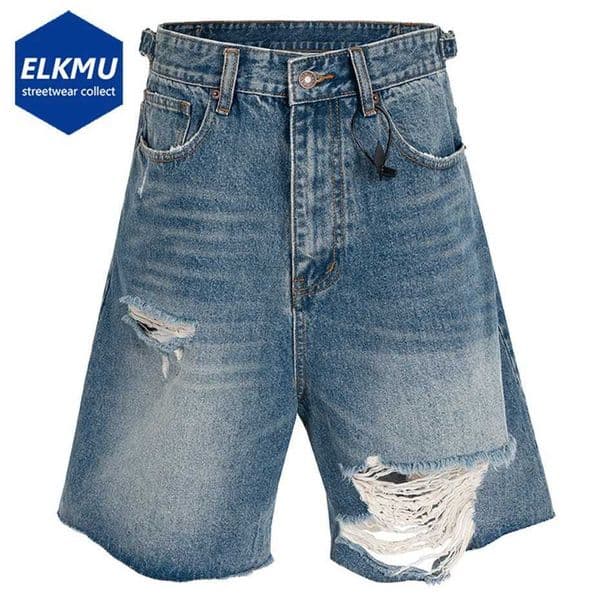 Summer Mens Ripped Denim Shorts Wide Leg Loose Blue Jeans Shorts Streetwear Harajuku Hip Hop Oversized Denim Shorts L260513