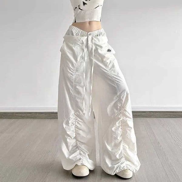 Dptown White Low Waist Women Pants Y2k Letter Embroidery Pleated Double Waist Wide Leg Trousers Korean Fashion Baggy Hip Hop S260512
