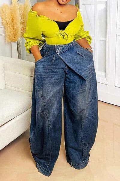 Women's Jeans Harajuku High Street Grunge Women Loose Denim Pants Asymmetric Button Pocket Washed Casual Trouders For