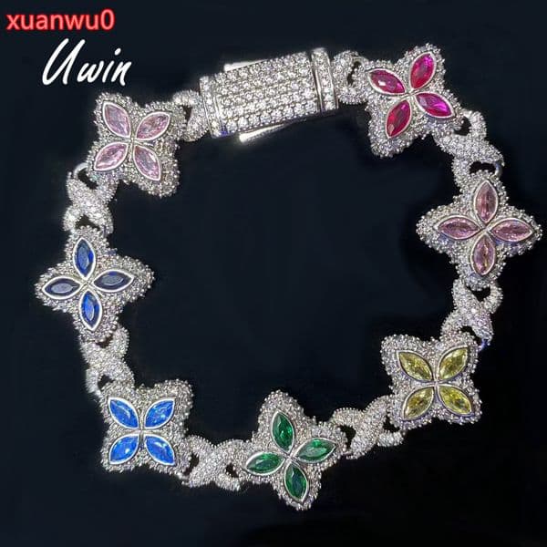 UWIN Colorful 5A Moissanite Clover Infinite Chain Four Leaf Clover Flower Bracelet 18K Gold Plated Infinited Miami Cuban Chain Bracelet