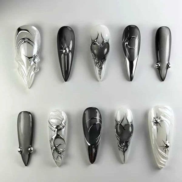24pcs Black Stiletto Press on Nails Y2k Cats Eye Design Manicure Pearl Starlight Long Almond False Nails Tip Wearable Fake Nail Z260511