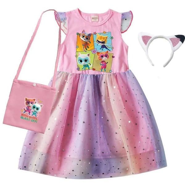 2026 Designer Baby Superkitties Costume Kids Cosplay Super Kitties Clothes For Girls Flying Sleeves A-Line Dress With Bag And Headband X250125 Free baby