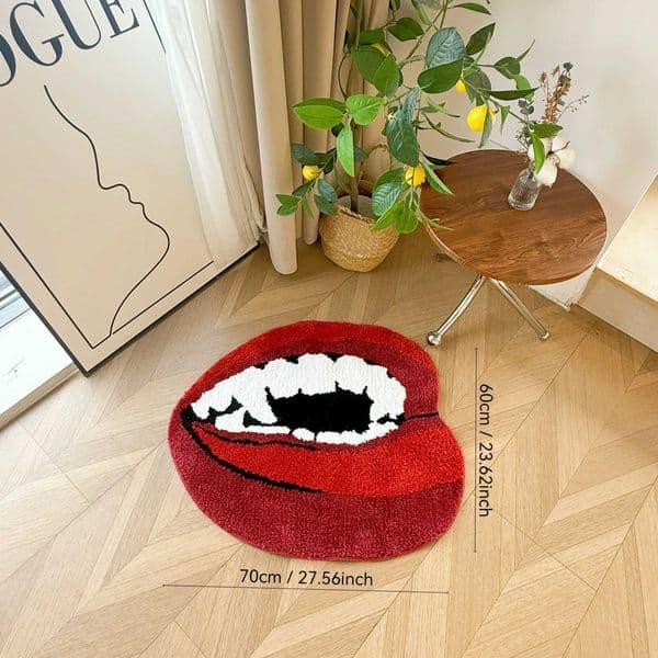 Red Lips Shaped Tufted Rug Aesthetic Vampire Teeth Print Soft Fluffy Non Slip Floor Flocking Mat for Bedroom Decor T260512WB36