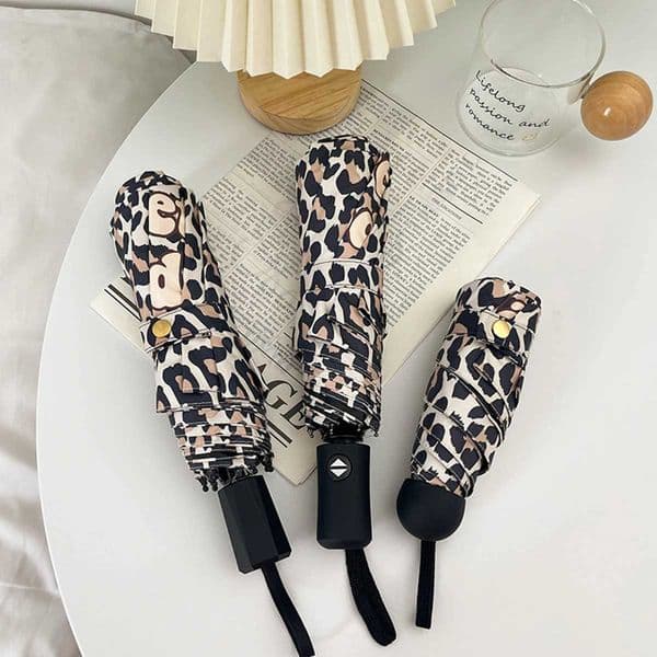 totes Automatic Open Close Water-Resistant Travel Folding Umbrella with Sun Protection Leopard Spot L260512