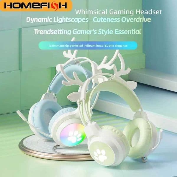 HOMEFISH G50 Cute Deer Ear Gaming Headset with RGB Light Noise Canceling Mic Over-Ear Headphones for PC PS Xbox Laptop Phone Etc S260509