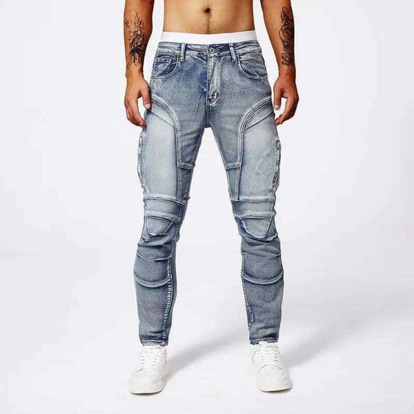 Two tone patchwork men trendy for summer thin straight pants slim fit small leg distressed jeans 26Y0513
