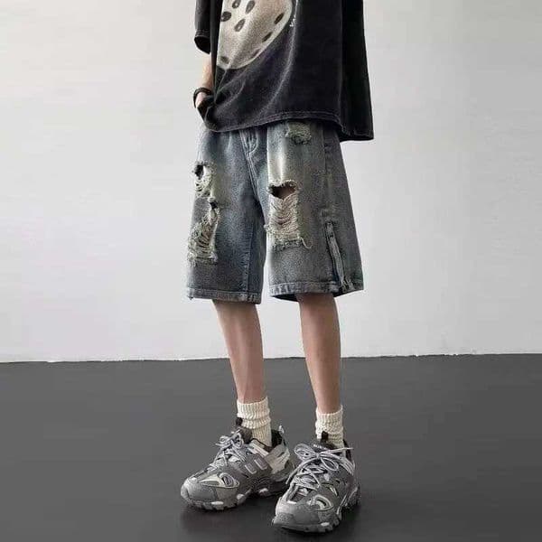 Mens New Zipper Slit Loose Straight-tipped Casual Five-point Ripped Denim Shorts L260513