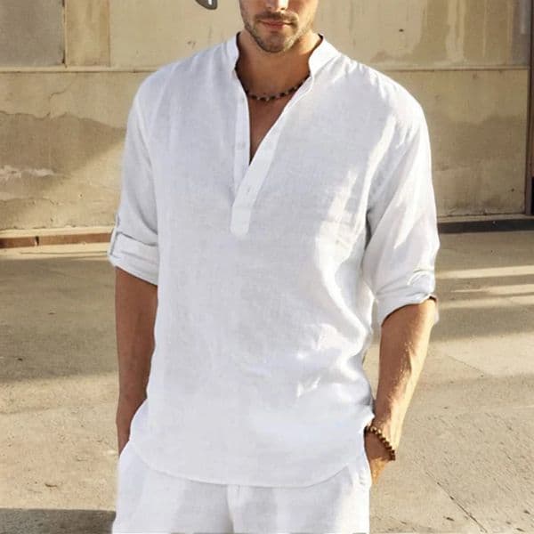 Casual Blouse Loose Mens Shirt Cotton Linen Fashion Stand Collar Pure Long Sleeve Tee Handsome Fitting Top Wear 260513