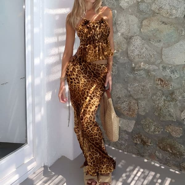 Cross-border European and American women's fashion 2025 new sexy lace-up leopard print camisole bodycon slim-fit skirt set