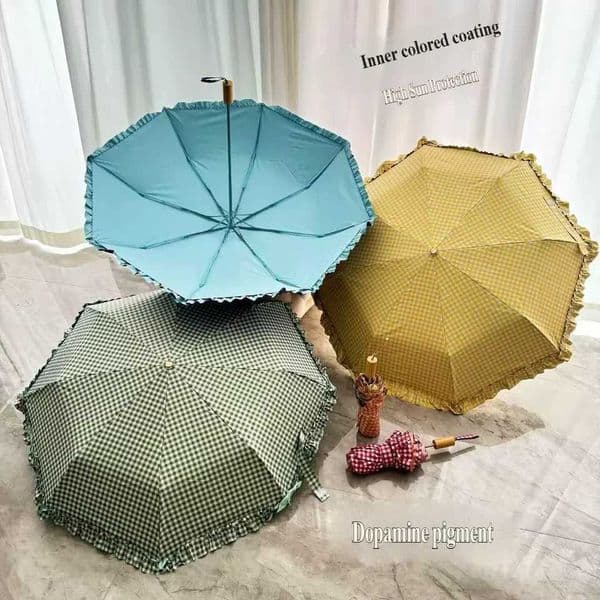 2026 Manual Opening Gingham Luxury Style Umbrella with Lace Folding Rain Umbrella Colorful Transparent Rain and Sun Umbrella UV L260512