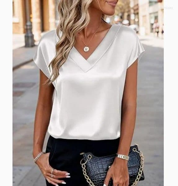 Women's Blouses Summer Women Fashion Casual Solid Elegant Ladies V-Neck Short Sleeve Shirts Trendy Simple Loose Woman Satin Top