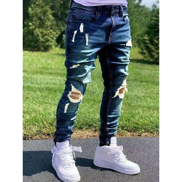 Men'S Distressed Fashion Jeans - Street Style, Comfortable Stretch Denim with Ripped Detail, Versatile for All Seasons, Everyday 26Y0513