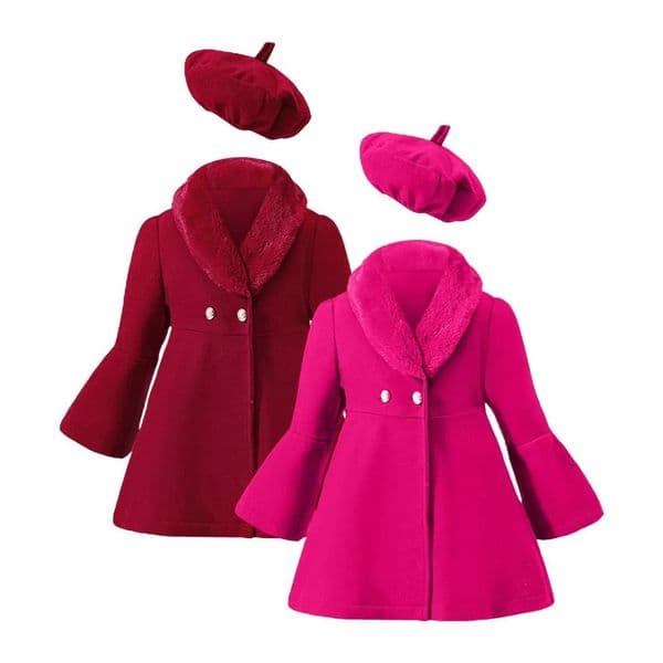 Designer 2026 Baby Christmas Preschool Solid Color Patchwork Baby Wool Collar Coat Set Suitable Winter Warm baby Jackets For Girls Aged 1 To 6 Comes With 2 Ha