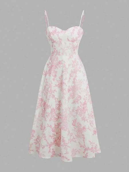 Elegant Pink Floral Print Dress with Thin Straps and a Flared Waist 260513