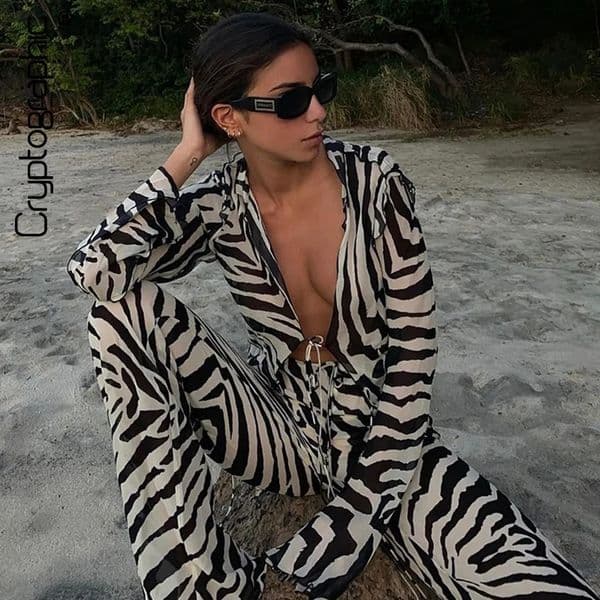 Cryptographic Animal Print Mesh Sheer Stripe Tie Front Detail Top Matching Sets Fashion Outfits 2 Piece Holiday Beachwear 260513