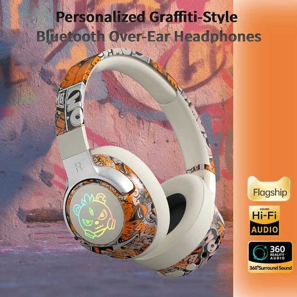 Graffiti Wireless Gaming Headphones 360 Stereo Sound Support AUX/TF Card Mode Hi-Res Audio Over Ear Foldable Lightweight S260509