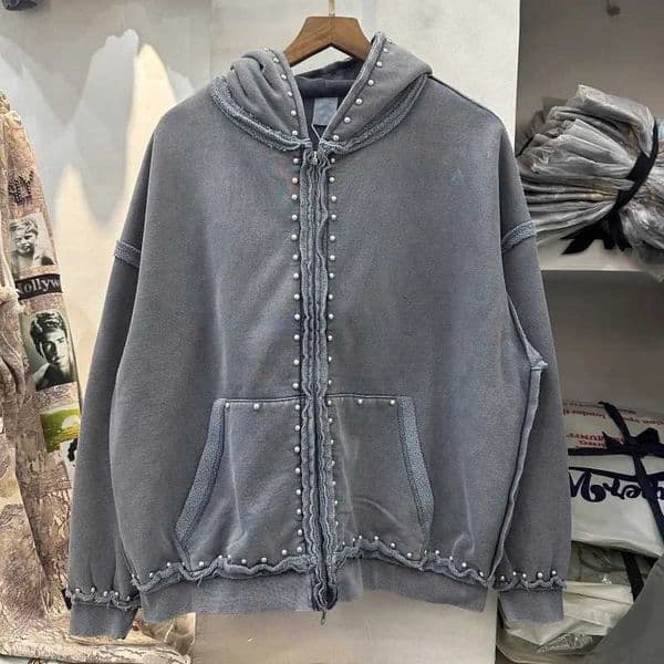 25FW Heavy Fabric Cotton Oversize Solid Vintage Yellow Gray Patchwork Hoodie Hooded Men Women Hip Hop Rivet Zip Up Cardigan Coat L260513