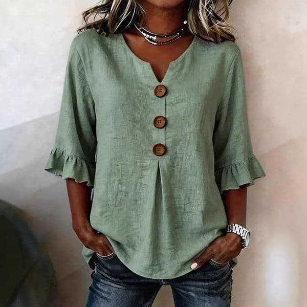 Cotton and Linen Button Top Fashion New Summer T-shirt Women's V-Neck Shirt