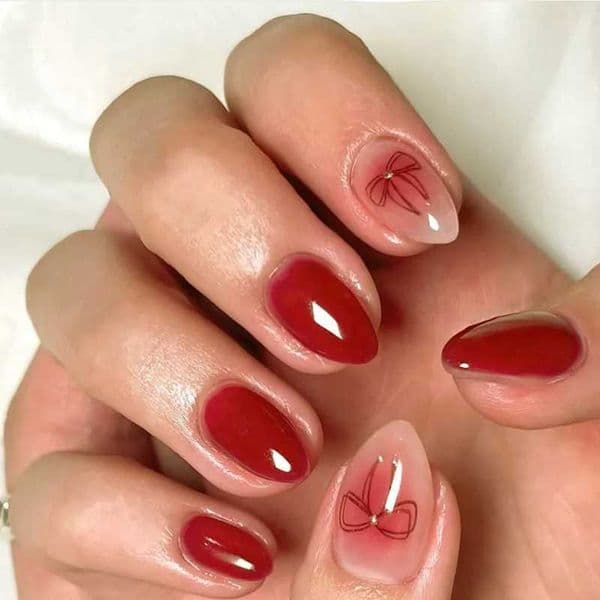 24pcs Red Full Cover Nail Tips with Simple Bow Design False Nails Short Almond Fake Nail Wearable Press on Nails Sets Finished Z260511