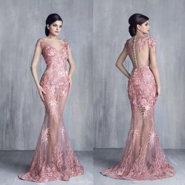 Dusty Pink Mermaid Evening Dress Sheer Neck 3D Floral Lace Appliques Beaded Open Back Formal Party Gown for Guest Prom Engagement