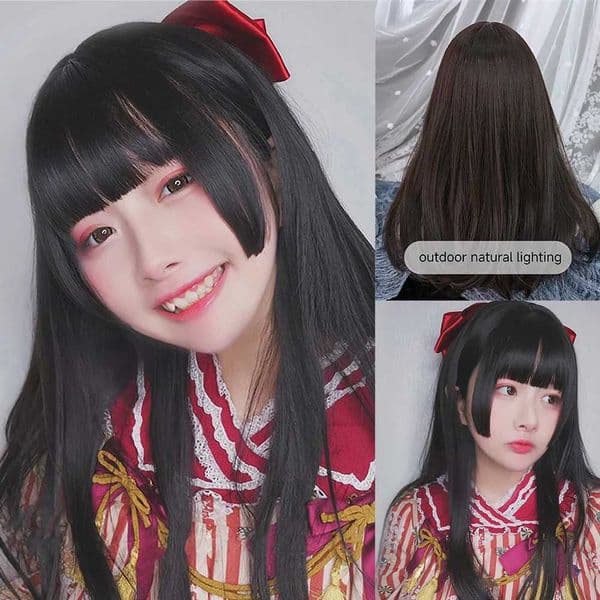 22Inch Black Japanese Hime Cut Synthetic Wigs with Bang Long Natural Straight Hair Mechanism Wig for Women Daily Heat ResistantL260423