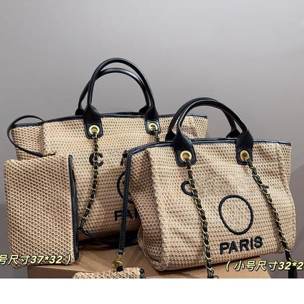 Ladies Weave Straw Mesh Holes Beach Shopping Bag Leather Top Handle Two-Tone Embroidery Letters Pattern Shoulder Matelasse Chain Large Tote Handbag with Card Purse