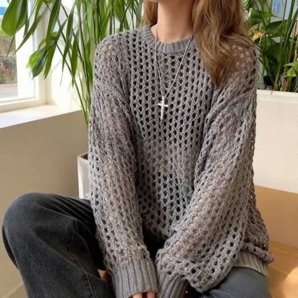 Womens Y2k Hollow Out Outfits See-Through Knit Shirts 2025 New Fashion All-Match Casual Geometric Vintage Loose Smock Tops L260512