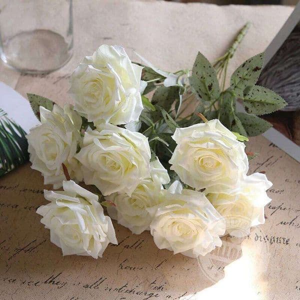 New Artificial Rose Flowers Leaves Pink Silk Fake Plants Home Decoration White Autumn Bouquet Roses Flower Office Decor W260513
