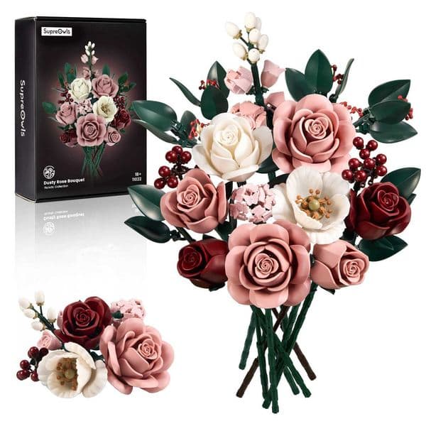 Pink Roses Bouquet Building Set Artificial Flowers Plants Home Office Room Decor Valentines Day Christmas Gifts for Adults Women L260513E27F