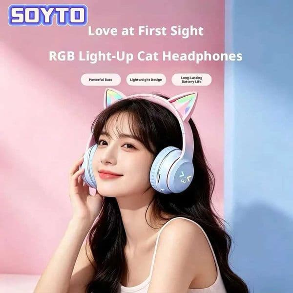SOYTOGradient Glowing Cat Ear Headset Bluetooth Wireless Noise Cancelling Headphones Stereo Bass Gaming Sports Over Ear Earphone S260509