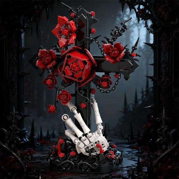 MOC Gothic Skull Cross Bouquet Bricks Model Christianity Bible Cross Flowers Decorate Building Blocks Assembly Toys Kids Gifts L260513ASMB