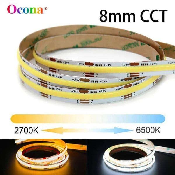 8mm Narrow PCB COB CCT Strip Lights Tunable 2700+6500K Dual Color CSP Warm+Cool White Ribbon LED Tape Lighting DC 24V S260512