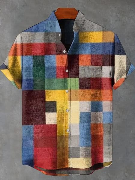 2025 selling Mens Irregular Pattern Printed Casual Street Wear Retro Linen Stand up Collar Short Sleeve Shirt 260512
