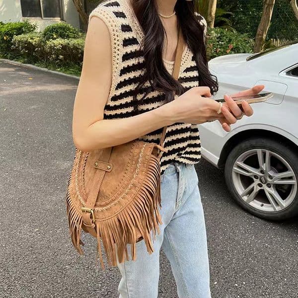 New Beach Bag Single Shoulder Bag Imitation Deerskin Velvet Fringed Bag Large Capacity Summer Travel Crossbody Women's Bag