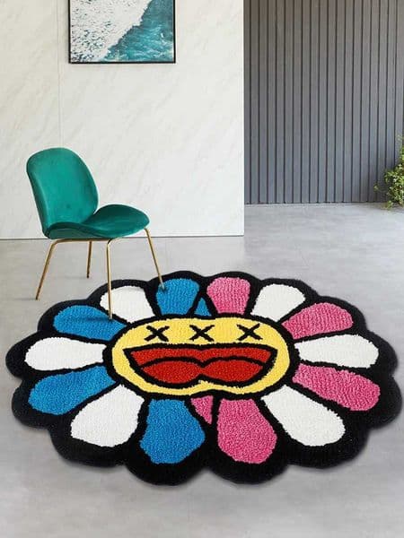Double Face Pink Blue Smiling Face Flower Tufted Rug for Living Room Bedroom Rainbow Fluffy Bathroom Rug Nonslip Mat Home Decor T260512