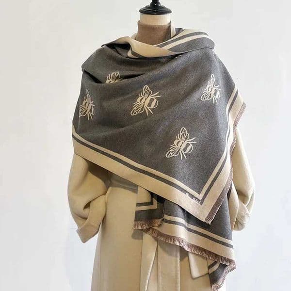 Luxury Brand Two-Sided Bees Scarf Imitation Cashmere Soft Warm Fringe Pashmina Shawl Winter Coldproof Windproof Blanket Scarf L260513