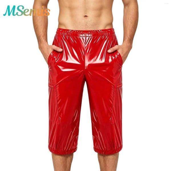 Men's Shorts Mens Glossy Cropped Pants Trousers Shiny Multi-pocket Zippers Elastic Waist Band Overalls Bottoms Rave Clubwear