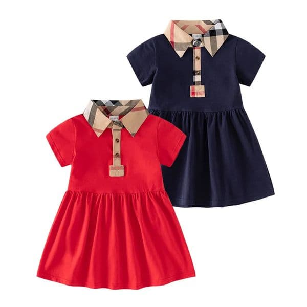 Designer 2026 Baby Summer Girls Princess Dresses Girl Baby Short Sleeve Children Turn-Down Collar Plaid Dress 3 Colors baby 000