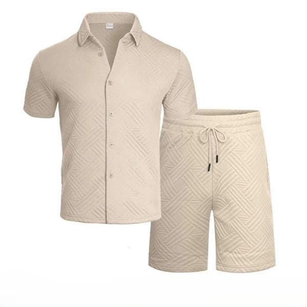 Mens summer solidcolor crewneck jacquard shirt with short sleeves twopiece casual suit Fashionable daily streetwear 260512