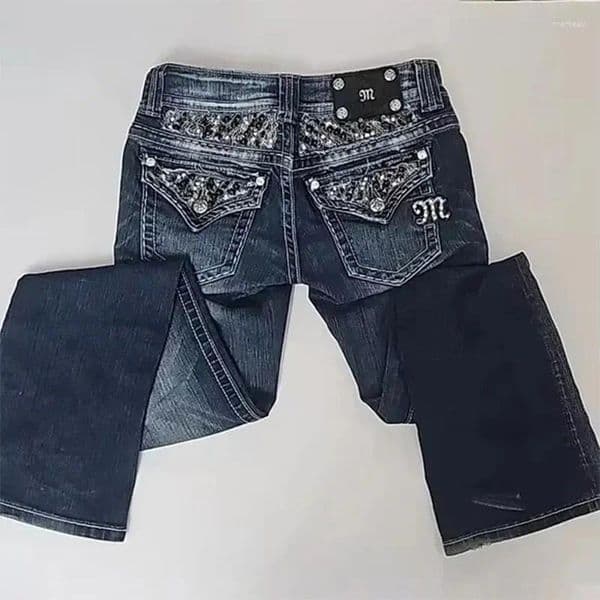 Women's Jeans Streetwear Vintage Y2K Clothes Womens Pocket Sequin Washed Blue Slim-fit Sexy Girls Low-waist Goth Harajuku Trousers