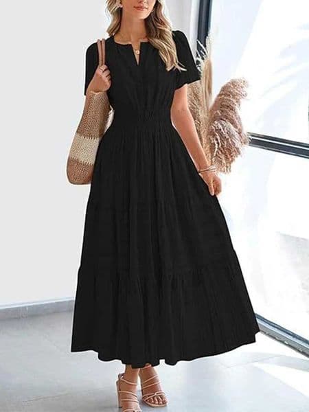 2025 Spring and Summer European and American Fashion Womens V-neck Folded Bubble Sleeve Layered Big Swing Dress L260513