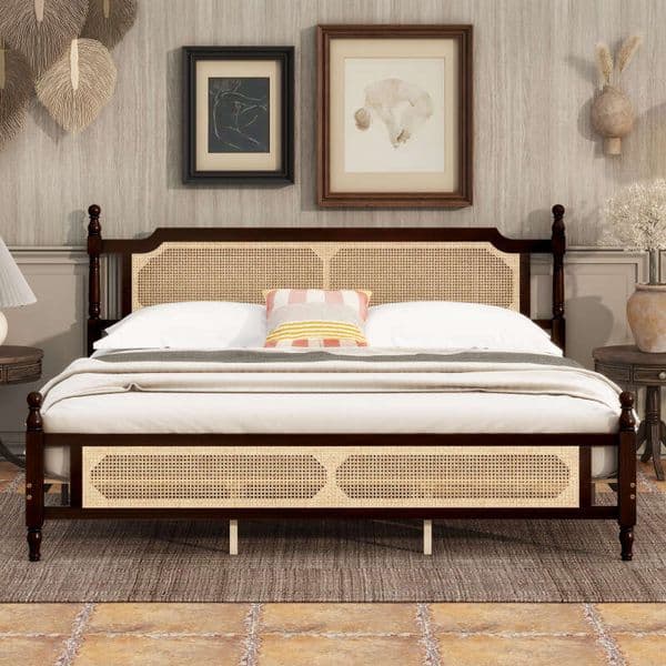 King Pine wooden Rattan Headboard and Footboard, with Central Enhanced Bed Platform ,Espresso