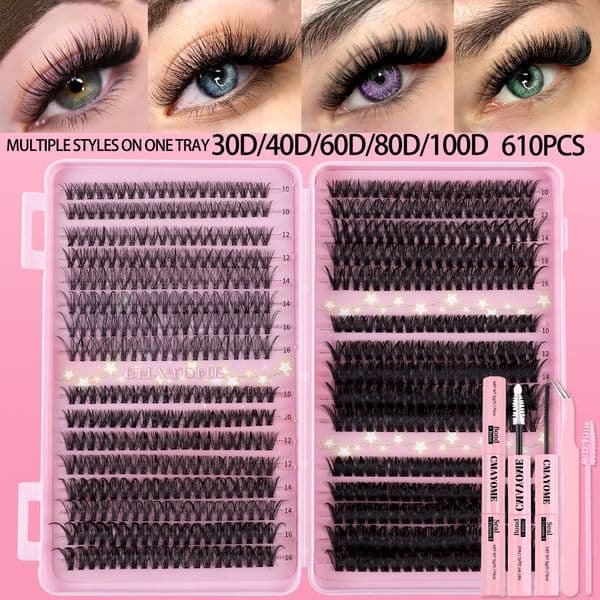 Lash Cluster - Thick Fluffy DIY Eyelash Extensions Kit with Lash Bond and Seal Strong Hold, Reusable Lashes Natural Look 10-16mm Mixed Length Individual Eyelashes
