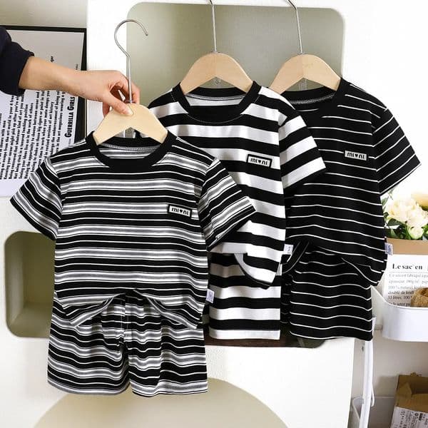 Striped Casual Sports Short Sleeve Two Piece Set Clothing Summer Childrens Top and Bottom Clothes Set 260512