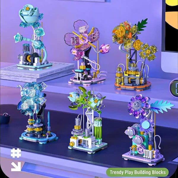 Cyberpunk Mechanical Blue Flower Building Blocks Set Transparent Steampunk Desk Decor Creative Gift for Adults Teens L260513W45E