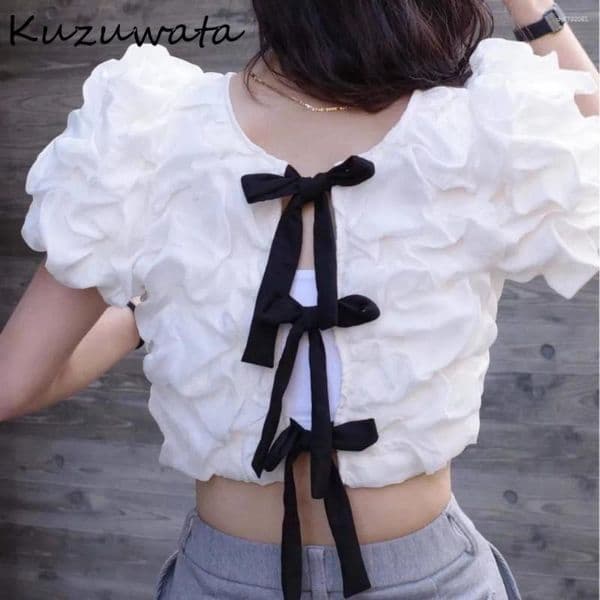 Women's Blouses Kuzuwata Vintage Moda Lace Up Shirt Casual Lovely Elegant Slim Sweet Blouse Japan French All-match Sleeve Ruched Blusas