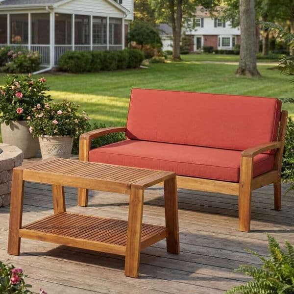Outdoor Teak Acacia Wood Conversation Set - Loveseat Coffee Table with Red Water-Resistant Cushions, 350lbs Capacity for Patio, Deck