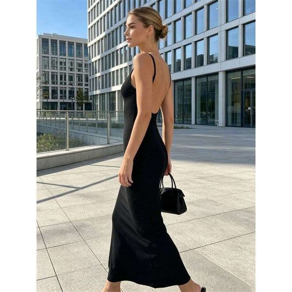 Womens Solid Color Backless Tank Spaghetti Strap U Neck Bodycon Long Dress Casual Daily Party Club Dresses Summer