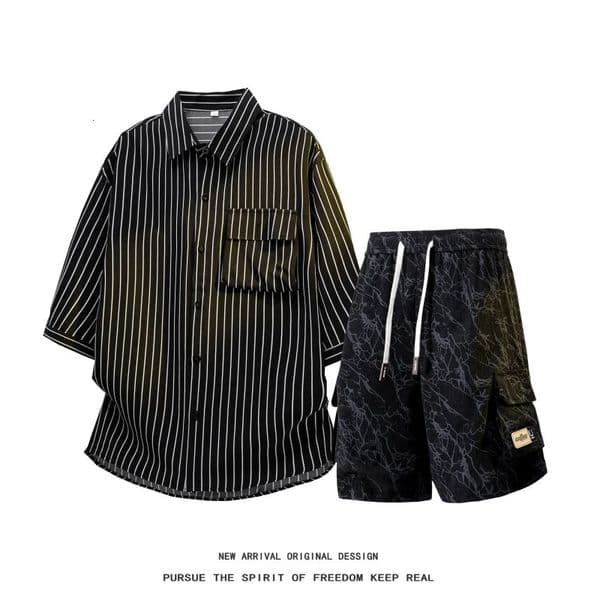 Mens Summer Hiphop Sports Suit Casual Loose Striped Shirt High Street Shorts Couple TwoPiece Set Top 260512