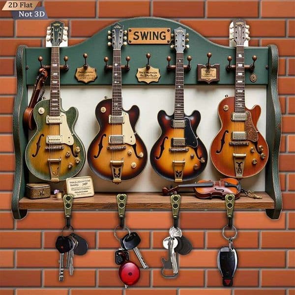 2D Flat, 1pc, Guitar-Shaped Hook, Wooden Multifunctional Home Key Hook with Four Metal , Wall Decoration, Porch 26Y0513